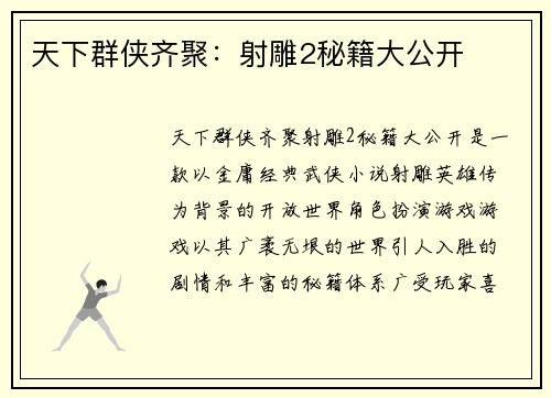 天下群侠齐聚：射雕2秘籍大公开